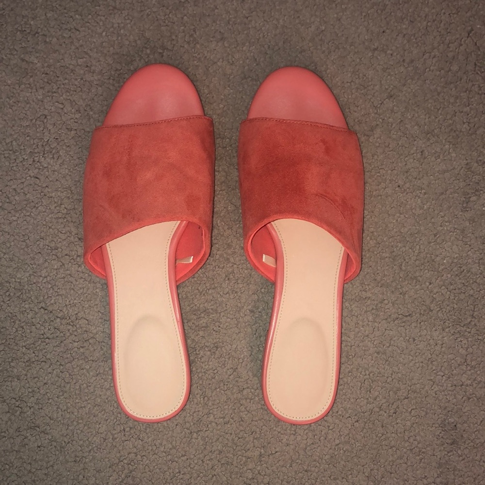 coral open-toe mules